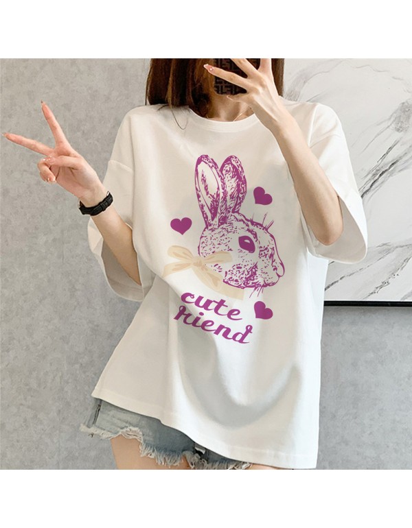 Big Cute Rabbit White Kurzarm-T-Shirts für Damen ...