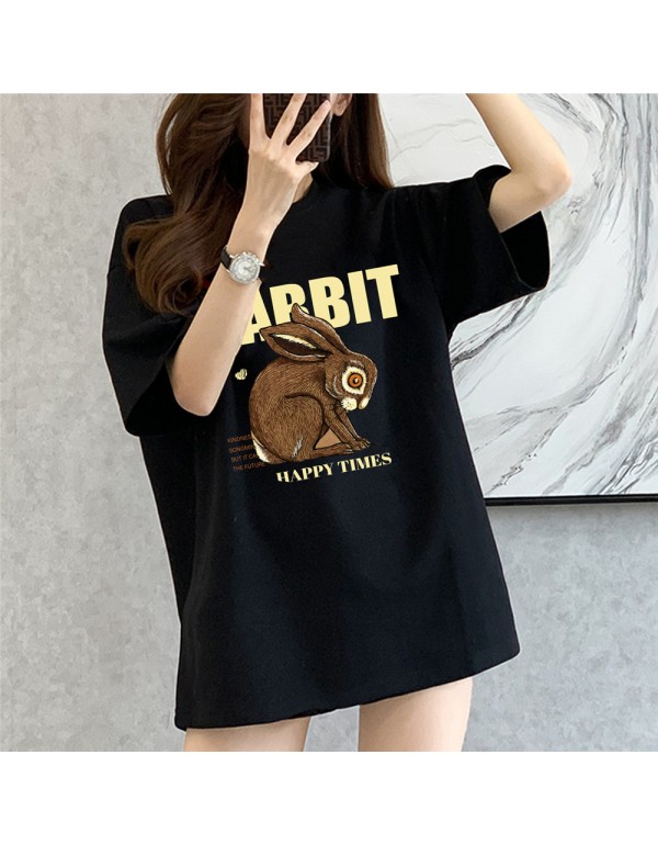 Happy Time Rabbit black Kurzarm-T-Shirts für Dame...